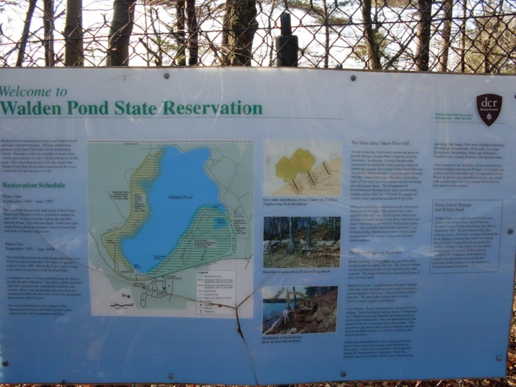 Tablica prezentująca Walden Pond State Reservation przy wejściu na plażę stawu Walden, styczeń 2012...